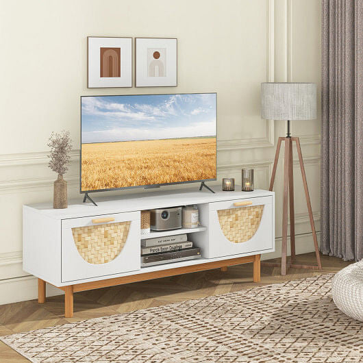 Mid Century Modern TV Stand Entertainment Center for 55-Inch TV with 2 Drawers and Bamboo Woven Fro-0