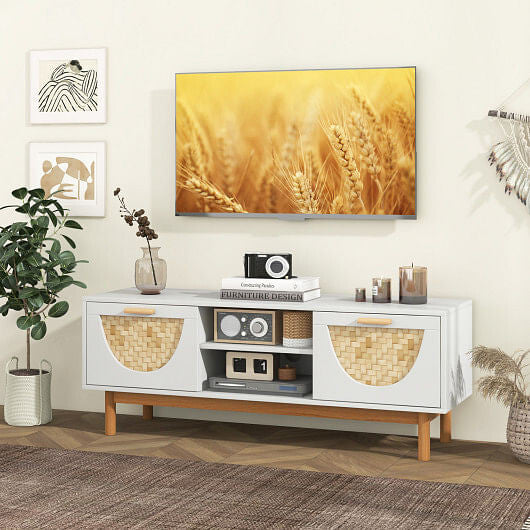 Mid Century Modern TV Stand Entertainment Center for 55-Inch TV with 2 Drawers and Bamboo Woven Fro-1