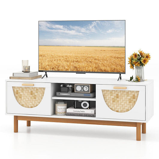 Mid Century Modern TV Stand Entertainment Center for 55-Inch TV with 2 Drawers and Bamboo Woven Fro-2