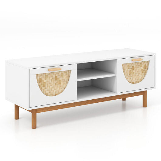 Mid Century Modern TV Stand Entertainment Center for 55-Inch TV with 2 Drawers and Bamboo Woven Fro-4