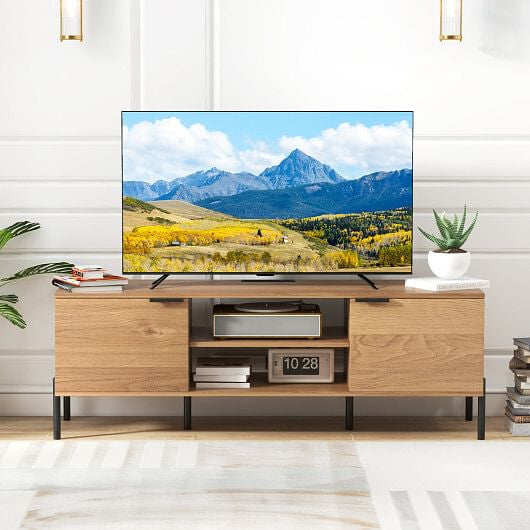 2-Door TV Stand with Charging Station and Open Shelves for TVs up to 65 Inches-Natural-0