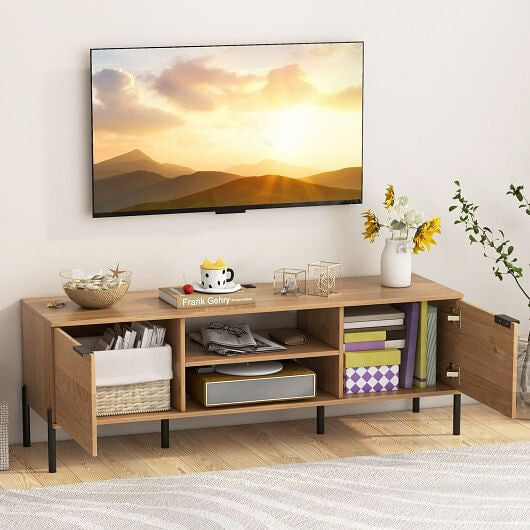 2-Door TV Stand with Charging Station and Open Shelves for TVs up to 65 Inches-Natural-1