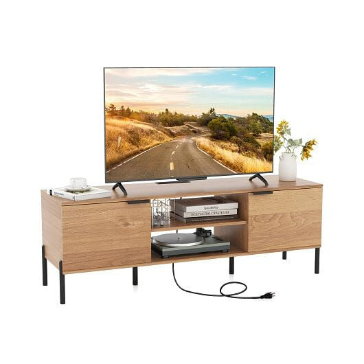 2-Door TV Stand with Charging Station and Open Shelves for TVs up to 65 Inches-Natural-2