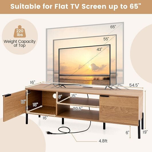 2-Door TV Stand with Charging Station and Open Shelves for TVs up to 65 Inches-Natural-3
