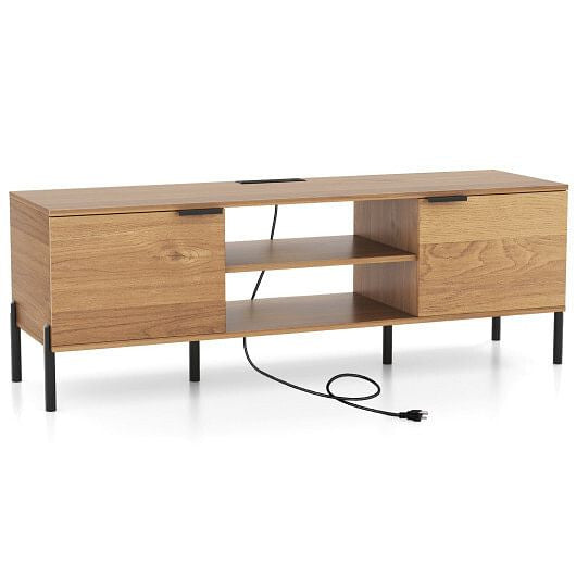 2-Door TV Stand with Charging Station and Open Shelves for TVs up to 65 Inches-Natural-4