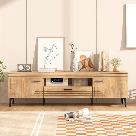 TV Stand with 2 Cabinets and Storage Drawer for 65 Inches TVs-Oak-3