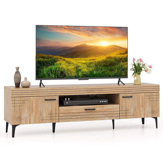 TV Stand with 2 Cabinets and Storage Drawer for 65 Inches TVs-Oak-4
