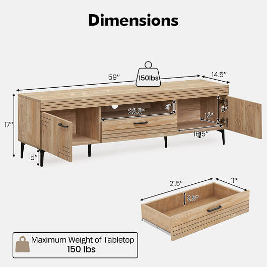 TV Stand with 2 Cabinets and Storage Drawer for 65 Inches TVs-Oak-2