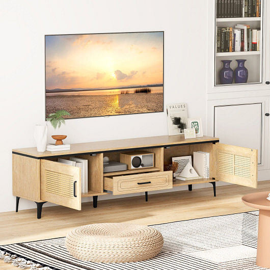 Mid Century Modern Entertainment Center with 2 Cabinets and Storage Drawer-Oak-1