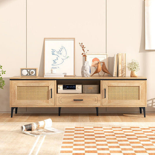 Mid Century Modern Entertainment Center with 2 Cabinets and Storage Drawer-Oak-3