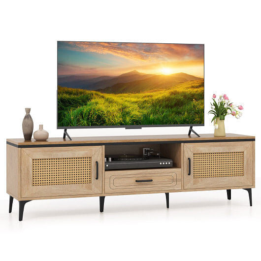 Mid Century Modern Entertainment Center with 2 Cabinets and Storage Drawer-Oak-4