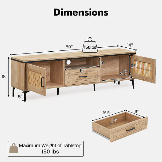 Mid Century Modern Entertainment Center with 2 Cabinets and Storage Drawer-Oak-2