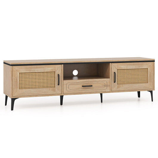 Mid Century Modern Entertainment Center with 2 Cabinets and Storage Drawer-Oak-0