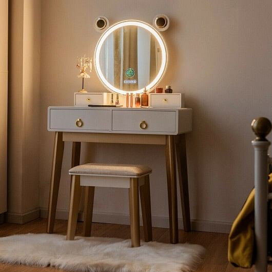 Vanity Set with 3-Color Lighted Touch Screen Dimming Mirror and 4 Drawers-2