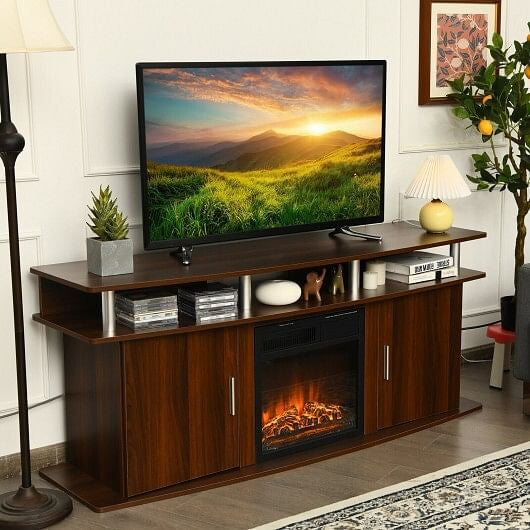 63 Inch TV Entertainment Console Center with 2 Cabinets-Walnut-0
