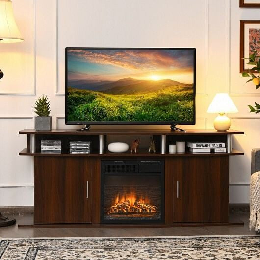 63 Inch TV Entertainment Console Center with 2 Cabinets-Walnut-2