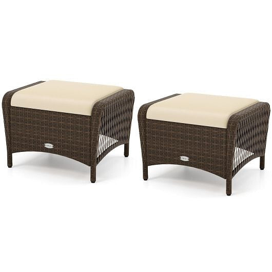 Set of 2 Outdoor Patio PE Wicker Ottomans with Removable Cushions-Beige