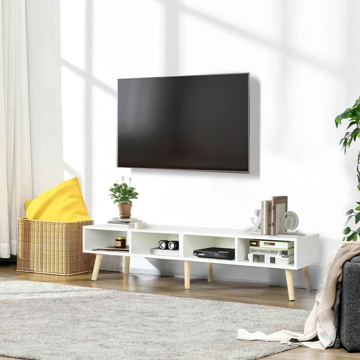 Modern Mid-Century Style TV Stand in White with Wood Legs for TVs up to 65-inch-2