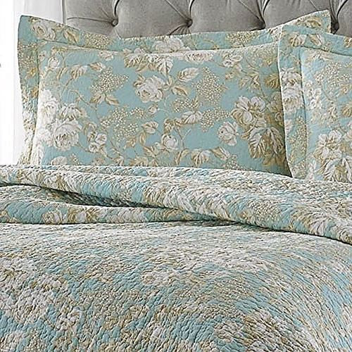 King size 3-Piece Reversible Cotton Quilt Set with Seafoam Blue Beige Floral Pattern-0
