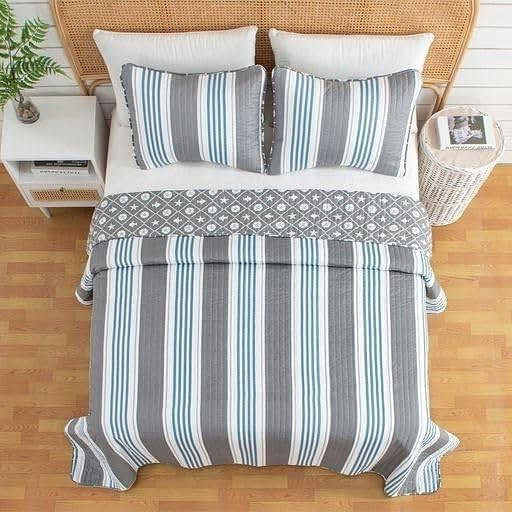 King 3 Piece Coastal Starfish Sand Dollar Grey Blue White Nautical Quilt Set-1