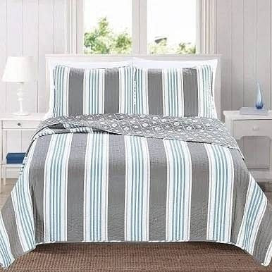 King 3 Piece Coastal Starfish Sand Dollar Grey Blue White Nautical Quilt Set-2