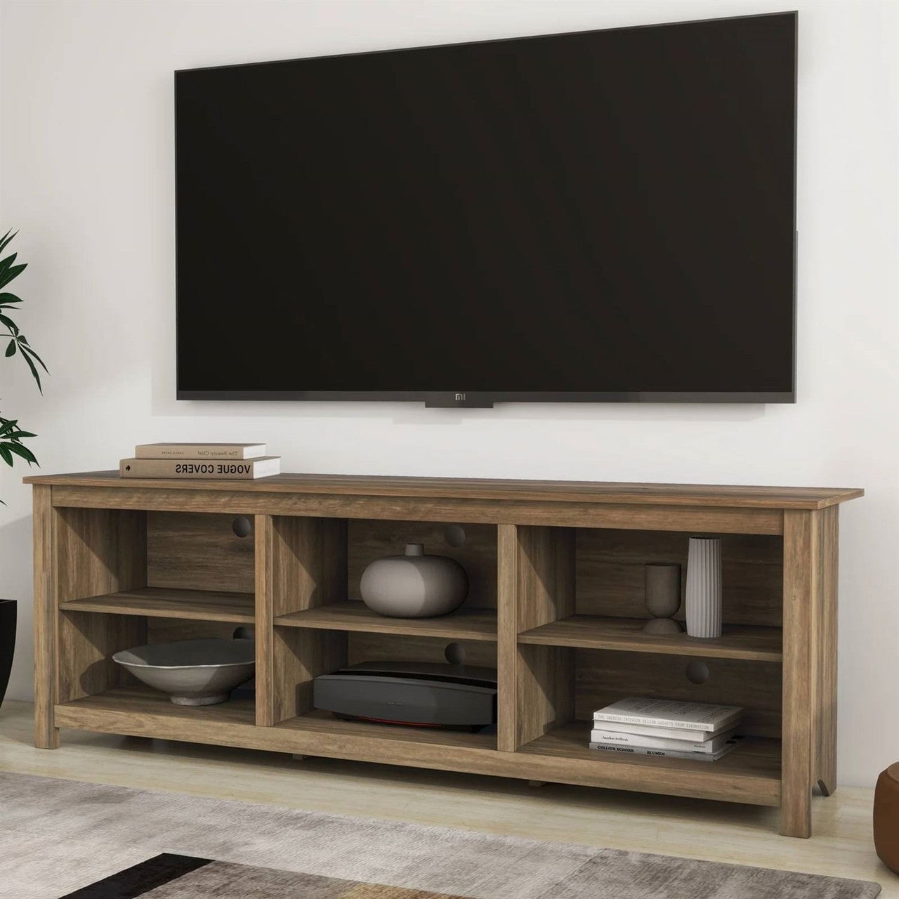 Farmhouse Style TV Stand with 6 Storage Compartments in Brown Oak Wood Finish-0