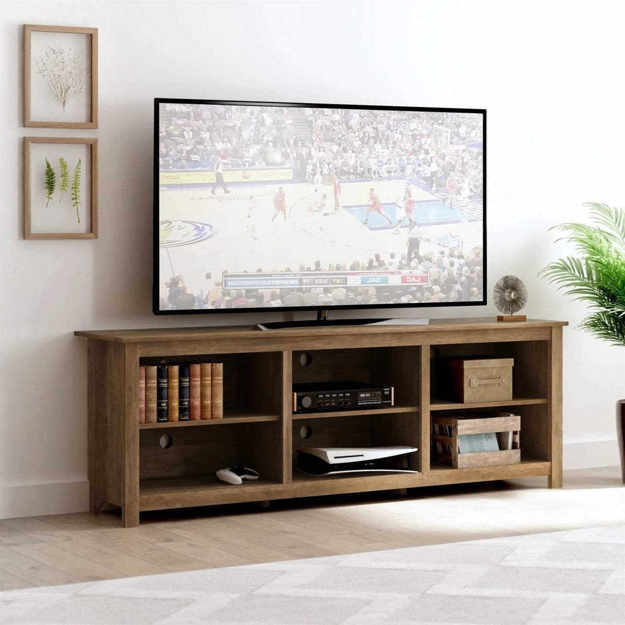 Farmhouse Style TV Stand with 6 Storage Compartments in Brown Oak Wood Finish-2