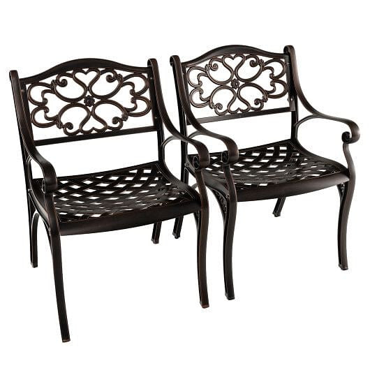 Cast Aluminum Dining Chairs Set of 2 with Patio Chairs Armrests Flower Pattern-Bronze-0