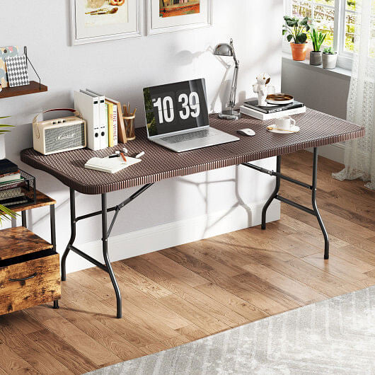 6 ft Portable Folding Table with Rattan-Like HDPE Tabletop and Safe Lock Mechanism-Brown-0
