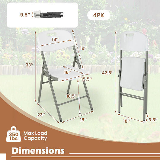 4 Pack Folding Stackable Chairs with Metal Frame and Carrying Handle-White-3