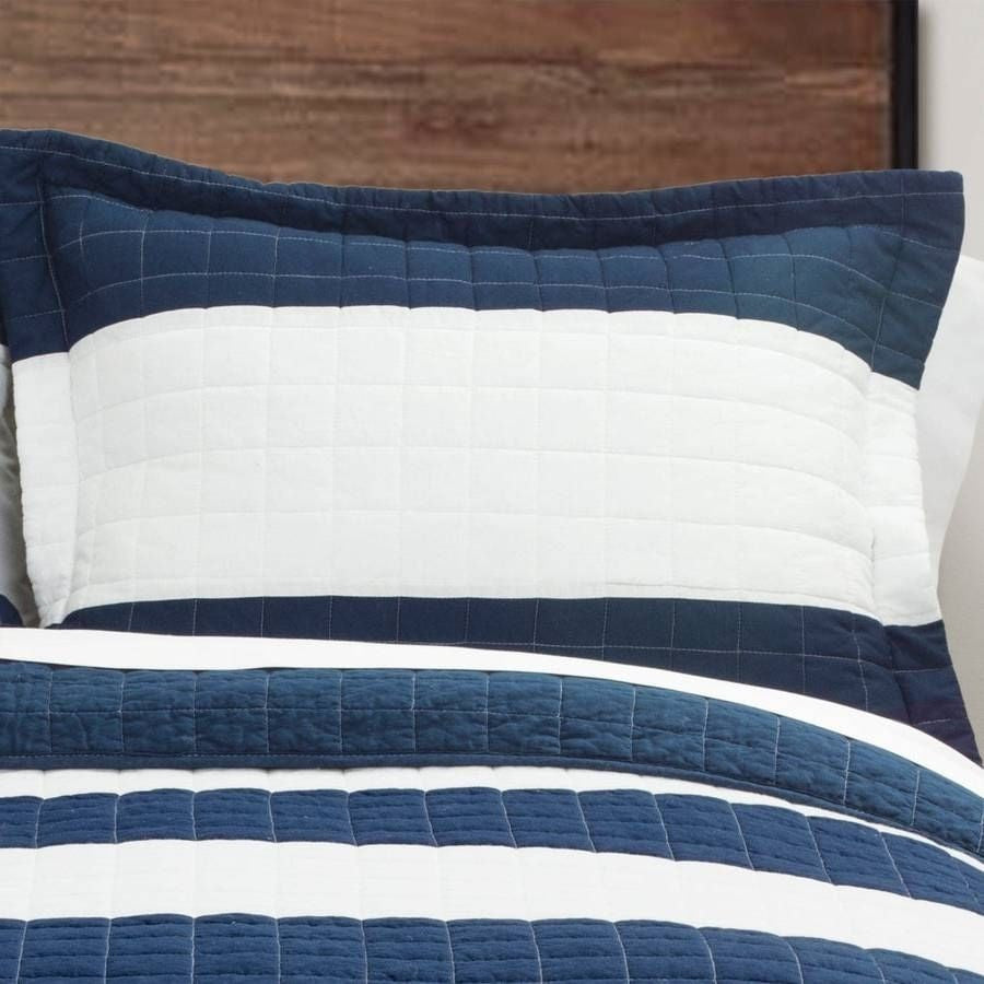 Full/Queen Navy White Stripe 3 Piece Cotton Lightweight Quilt Set-0