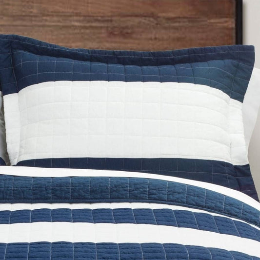 Full/Queen Navy White Stripe 3 Piece Cotton Lightweight Quilt Set-0