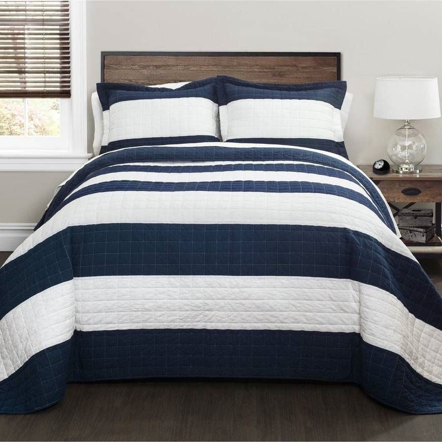 Full/Queen Navy White Stripe 3 Piece Cotton Lightweight Quilt Set-2