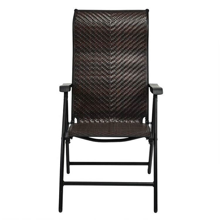 Outdoor Folding Steel Frame Rattan Patio Chair with Armrest in Brown