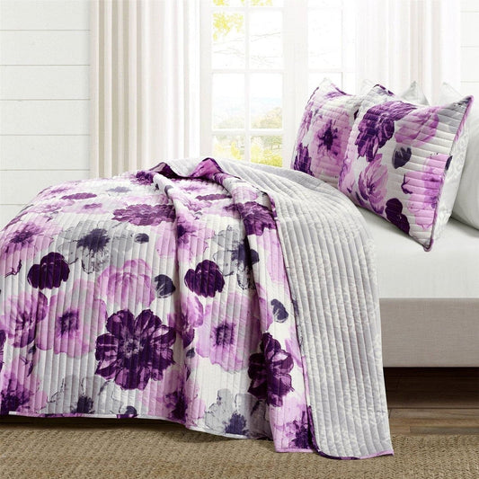 Full/Queen Purple Grey Flowers Lightweight Polyester Microfiber Quilt Set-0