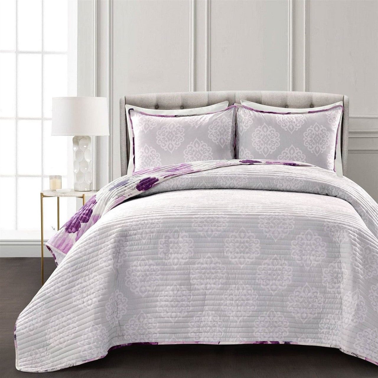 Full/Queen Purple Grey Flowers Lightweight Polyester Microfiber Quilt Set-1