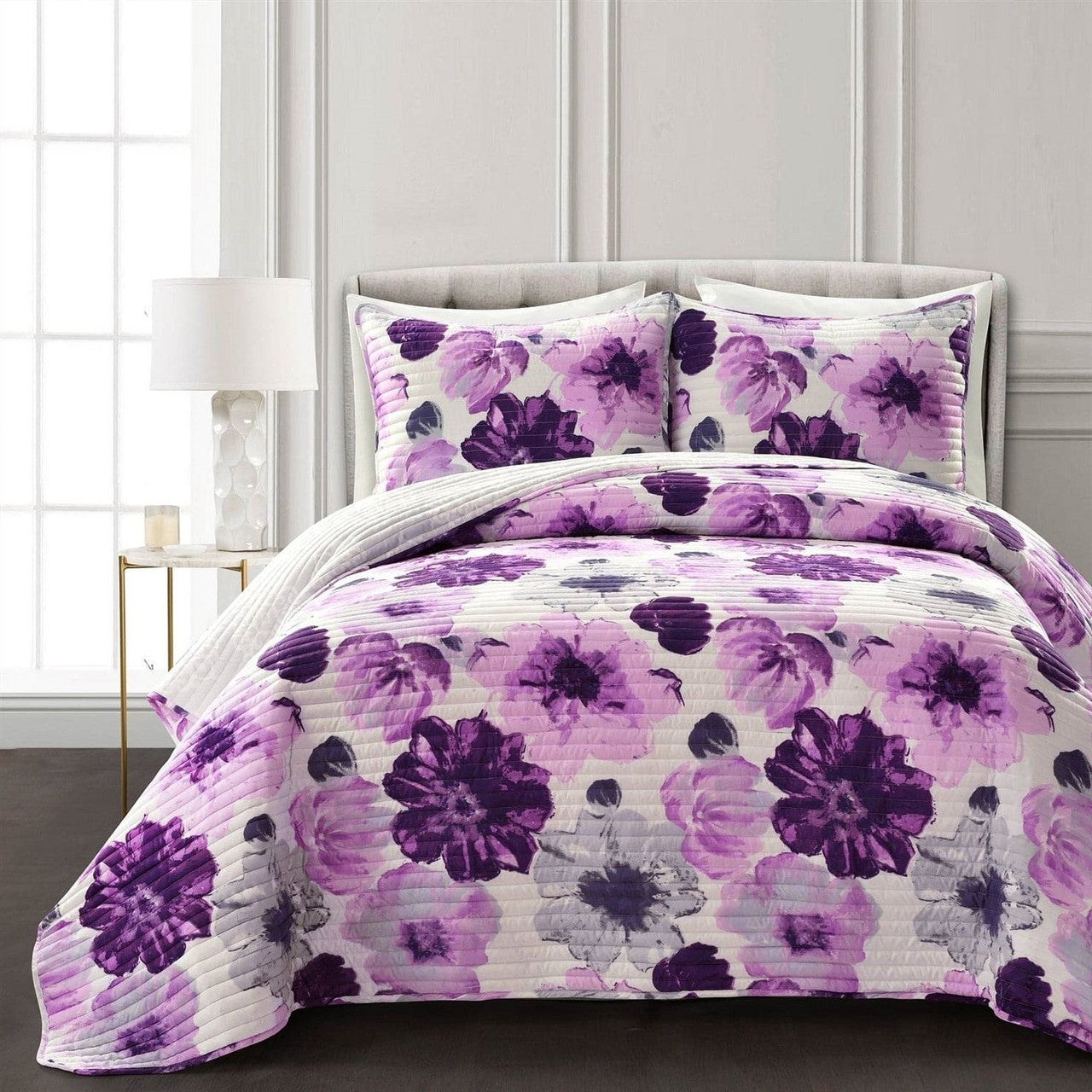 Full/Queen Purple Grey Flowers Lightweight Polyester Microfiber Quilt Set-2