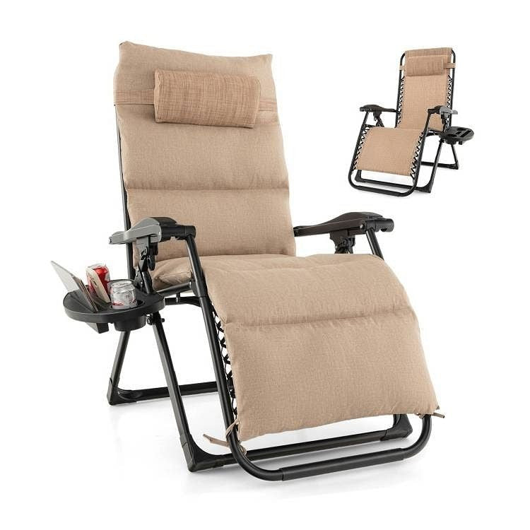 Tan Zero Gravity Adjustable Lounge Chair Removable Cushion Cup Holder Tray-2