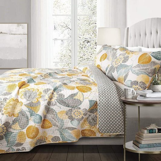 Full/Queen 3 Piece Reversible Yellow Grey Teal Floral Leaves Cotton Quilt Set-0