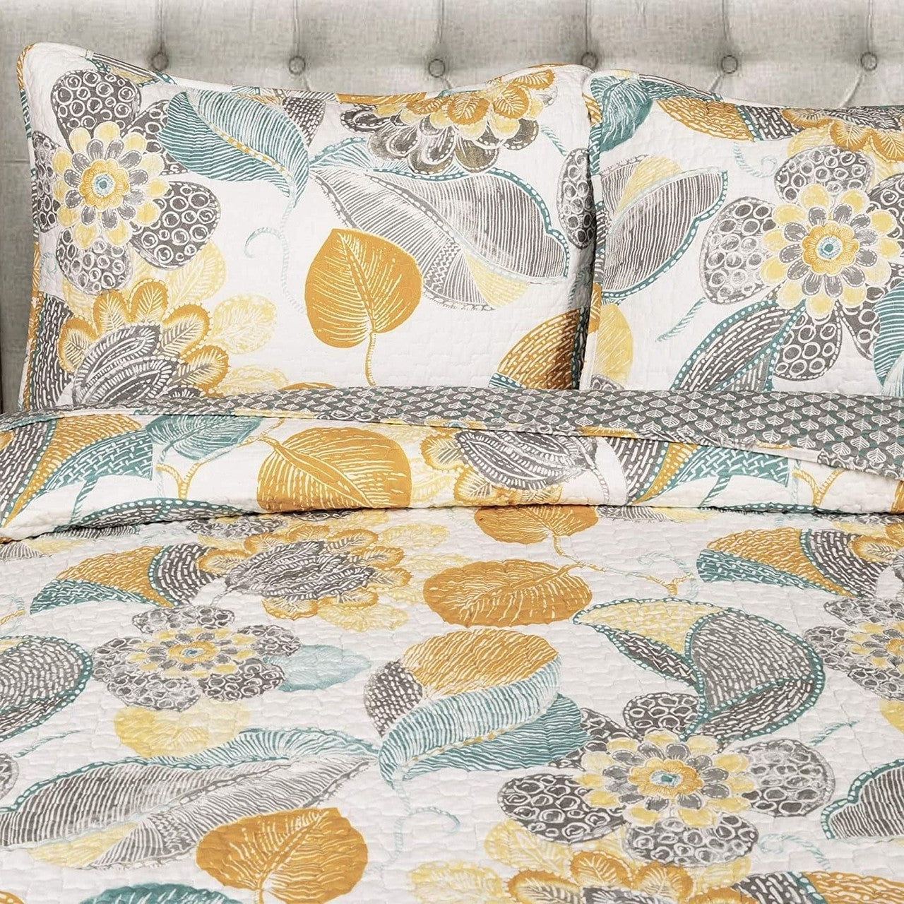 Full/Queen 3 Piece Reversible Yellow Grey Teal Floral Leaves Cotton Quilt Set-1