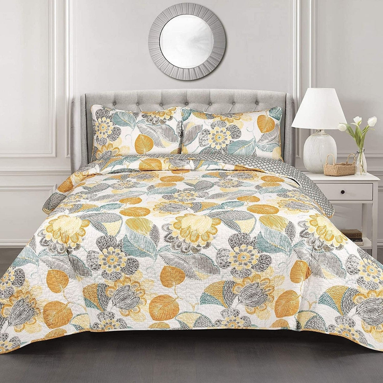 Full/Queen 3 Piece Reversible Yellow Grey Teal Floral Leaves Cotton Quilt Set-2