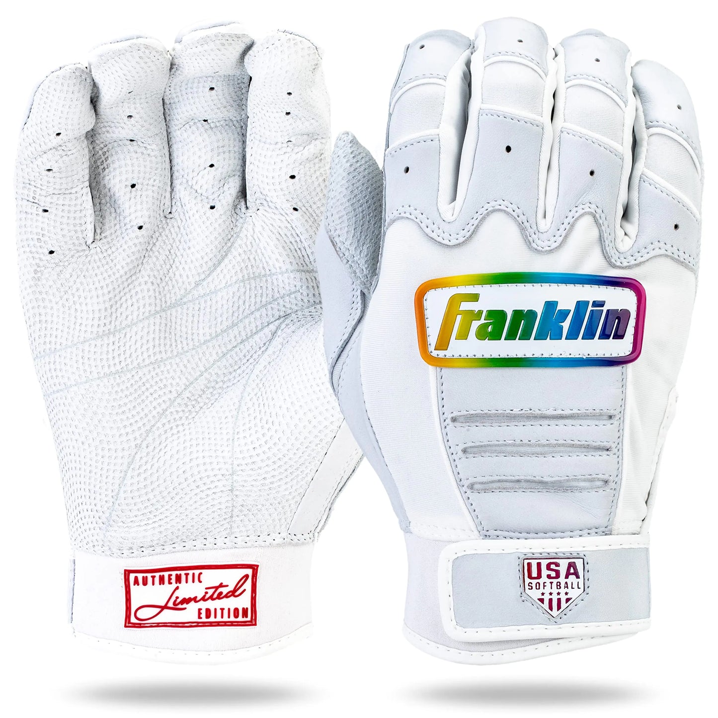 Franklin Sports Womens Fastpitch Softball Batting Gloves - Aura CFX Pro FP Womens + Girls Batting Gloves for Softball + Baseball - White + Multicolor Chrome Pair - Adult Small