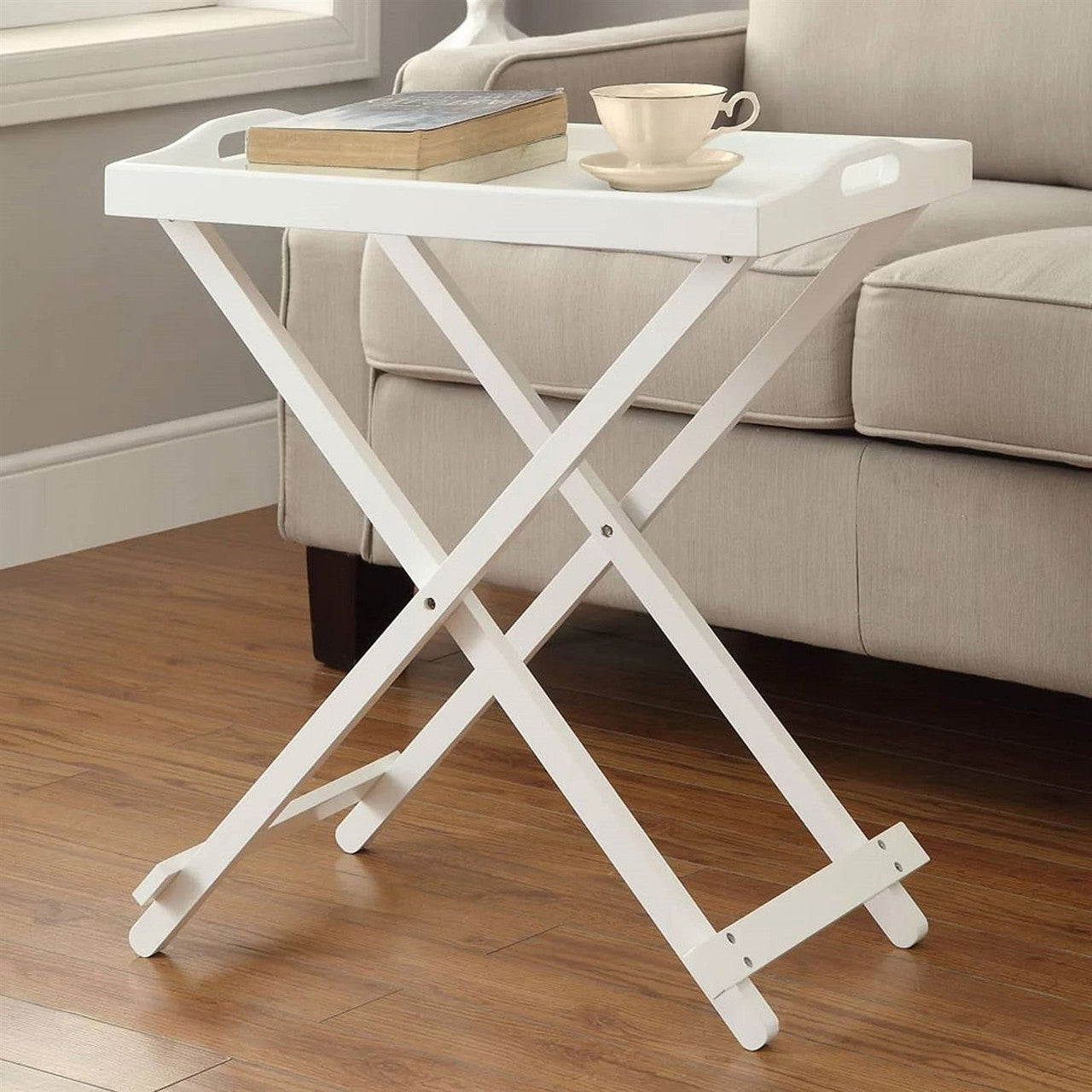 Folding TV Tray Bedside Table in White Wood Finish-0