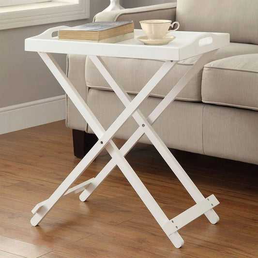 Folding TV Tray Bedside Table in White Wood Finish-0