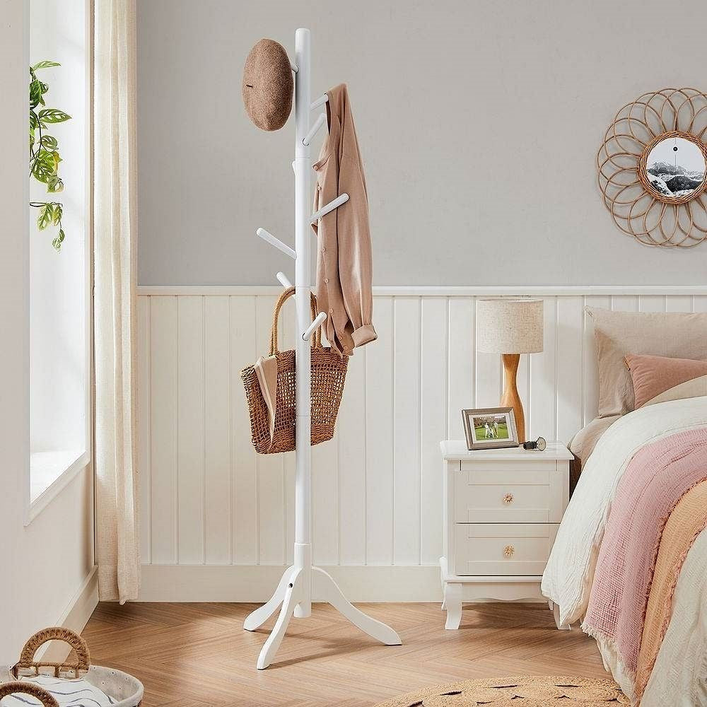 Modern Solid Wood Coat Rack in White Finish with 8 Hooks-1