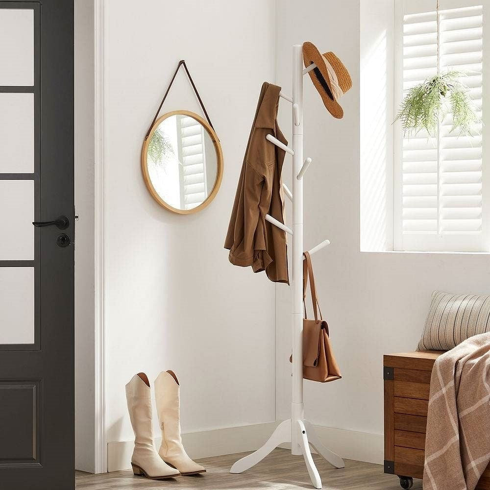 Modern Solid Wood Coat Rack in White Finish with 8 Hooks-2