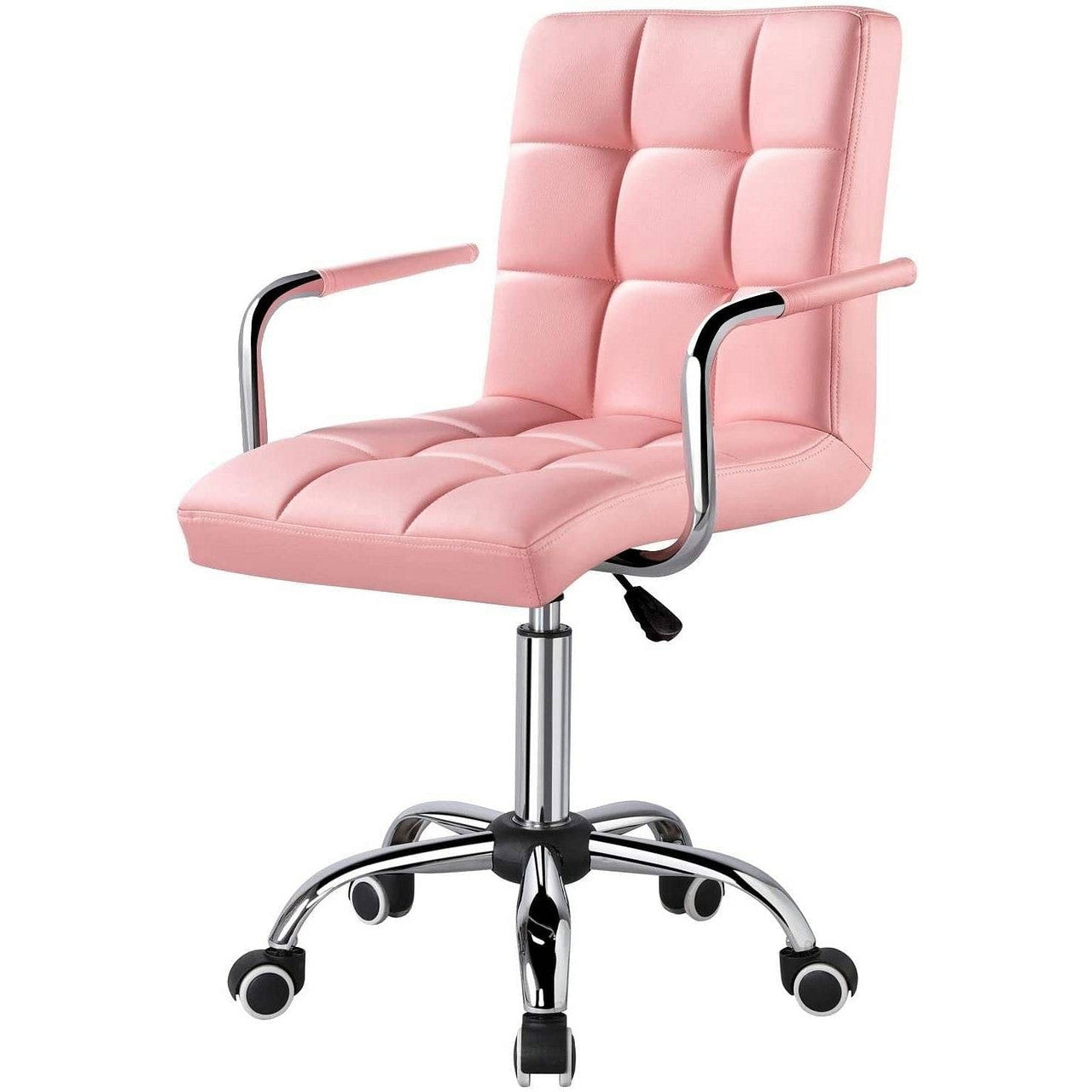 Pink Modern Faux Leather Mid-Back Swivel Office Chair with Armrests and Wheels-2