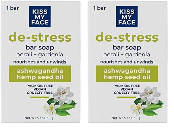 Kiss My Face De-Stress Bar Soap - Neroli + Gardenia - Vegan Soap Bar with Hemp Seed Oil - Cruelty Free and Palm Oil Free Bath Soap (Neroli + Gardenia Pack of 2)