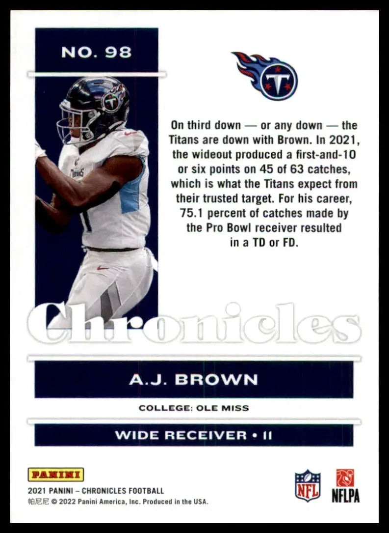 Football trading card of A.J. Brown from Panini Chronicles 2021 Titans series
