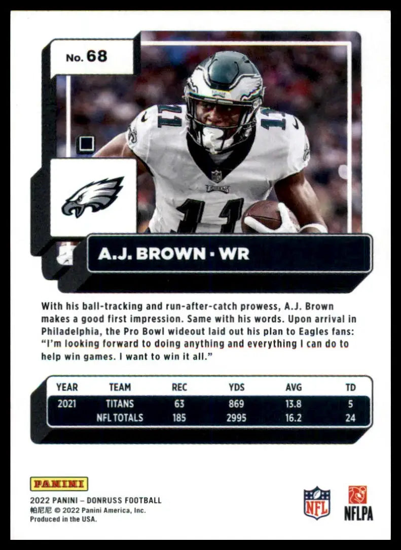 A.J. Brown 2022 Donruss football card displaying him in Philadelphia Eagles uniform